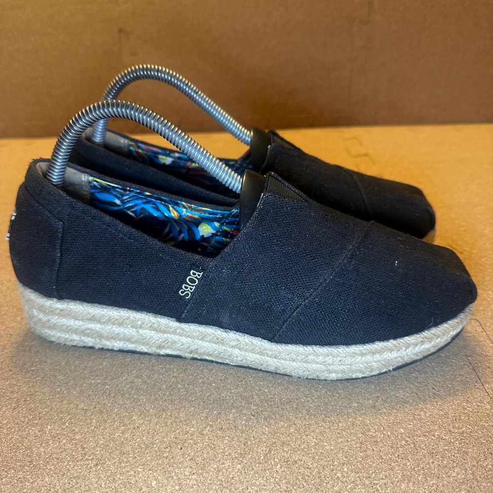 BOBS from Skechers Women Black Canvas Espadrille Platform Slip On Flats Size 9.5